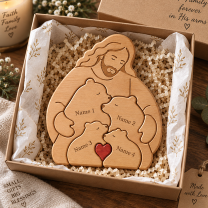Personalized Jesus Hugging Bear Family Wooden Puzzle, Hugging Bear Family Name Puzzle, Christians Gifts