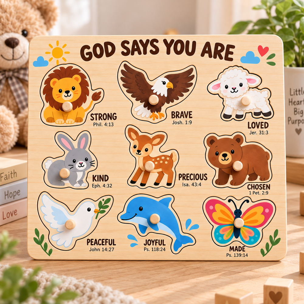 God Says You Are Wooden Puzzle – Christian Bible Verse Animal Peg Puzzle, Faith-Based Educational Toy for Toddlers & Kids, Religious Gift