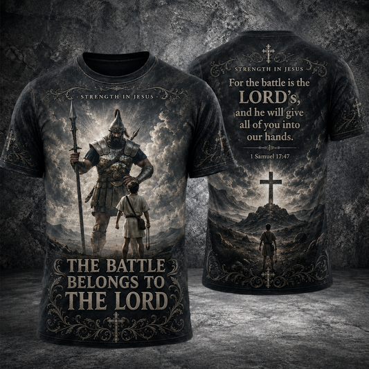 The Battle Belongs to the Lord Christian 3D T-Shirt for Men, 1 Samuel 17:47 Warrior Bible Verse Graphic Tee