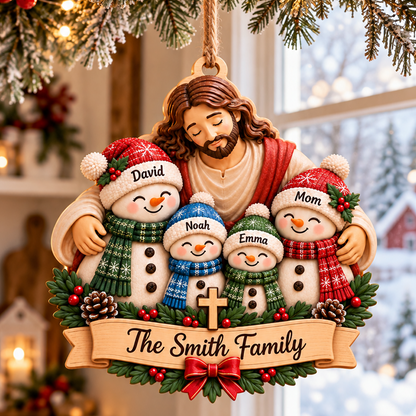 Personalized Christian Family 3D Relief Ornament – Jesus Hugging Snowman Family Christmas Decor