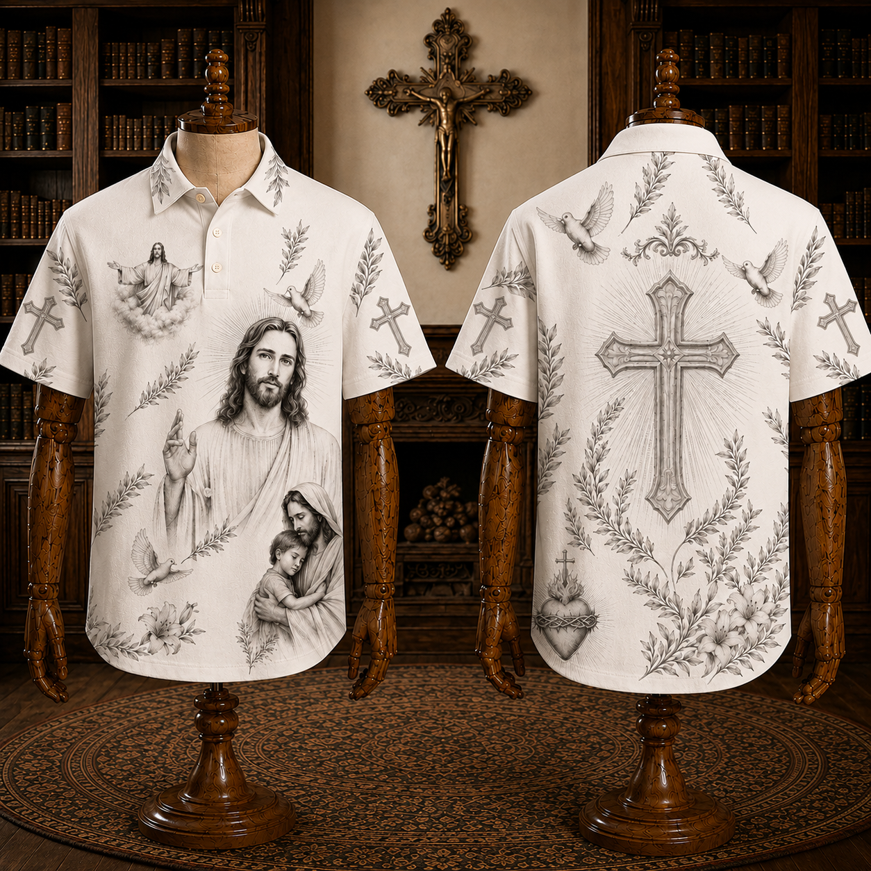 Christian Cross & Holy Spirit Polo Shirt – Sacred Heart Religious Polo