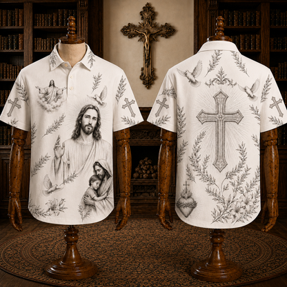 Christian Cross & Holy Spirit Polo Shirt – Sacred Heart Religious Polo