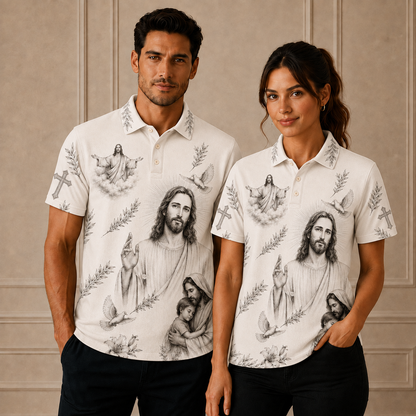 Christian Cross & Holy Spirit Polo Shirt – Sacred Heart Religious Polo