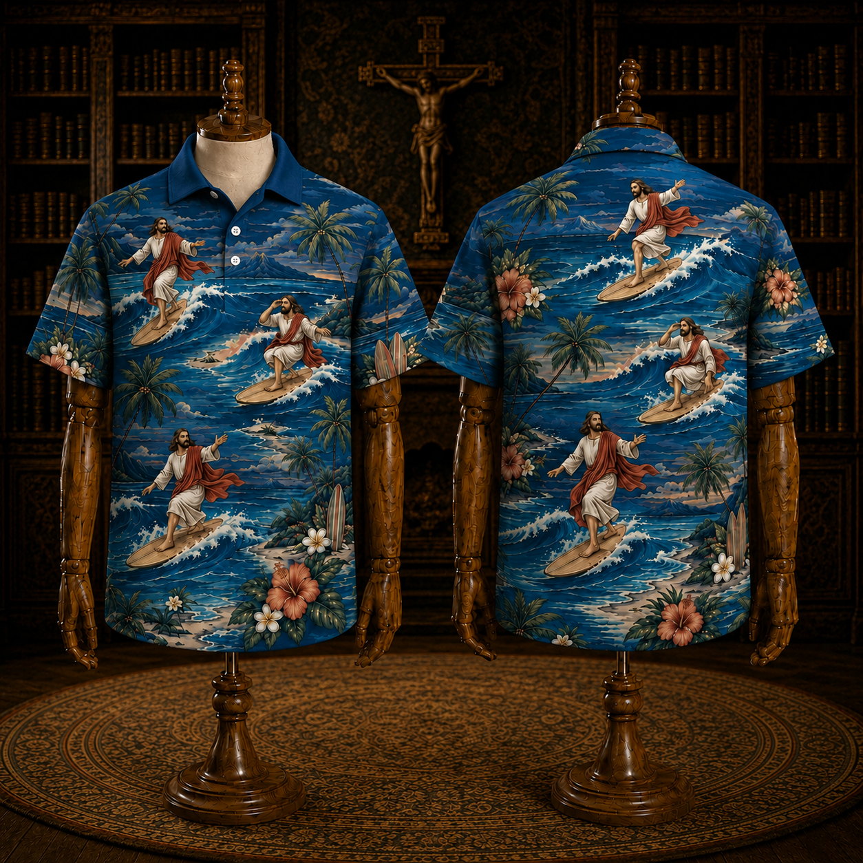Deep Ocean Blue Jesus Surfing Polo Shirt – Christian Tropical Beach Shirt