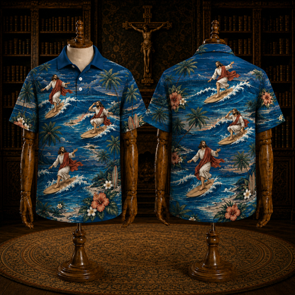 Deep Ocean Blue Jesus Surfing Polo Shirt – Christian Tropical Beach Shirt