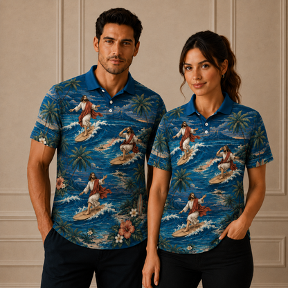 Deep Ocean Blue Jesus Surfing Polo Shirt – Christian Tropical Beach Shirt