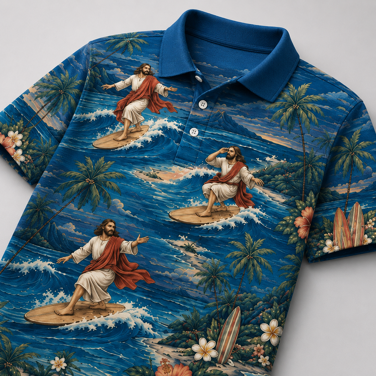 Deep Ocean Blue Jesus Surfing Polo Shirt – Christian Tropical Beach Shirt
