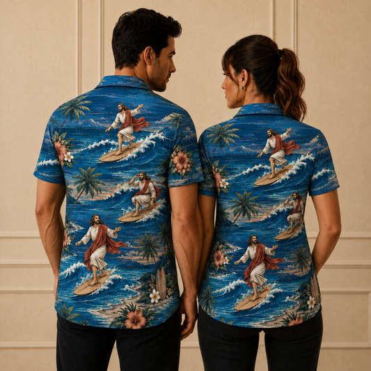 Deep Ocean Blue Jesus Surfing Polo Shirt – Christian Tropical Beach Shirt