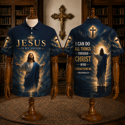 Christian Jesus Polo Shirt – “Jesus Is My Savior” Philippians 4:13 Faith Shirt