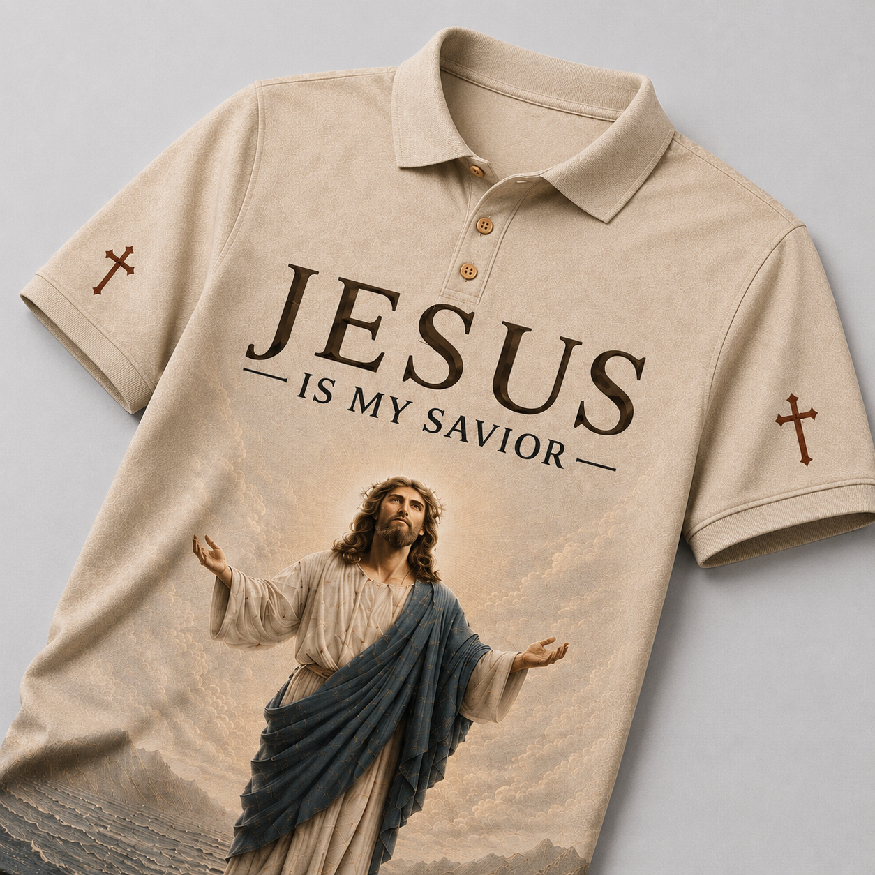 Jesus Is My Savior Christian Polo Shirt, Religious Faith Shirt with Jesus Artwork and Cross Design
