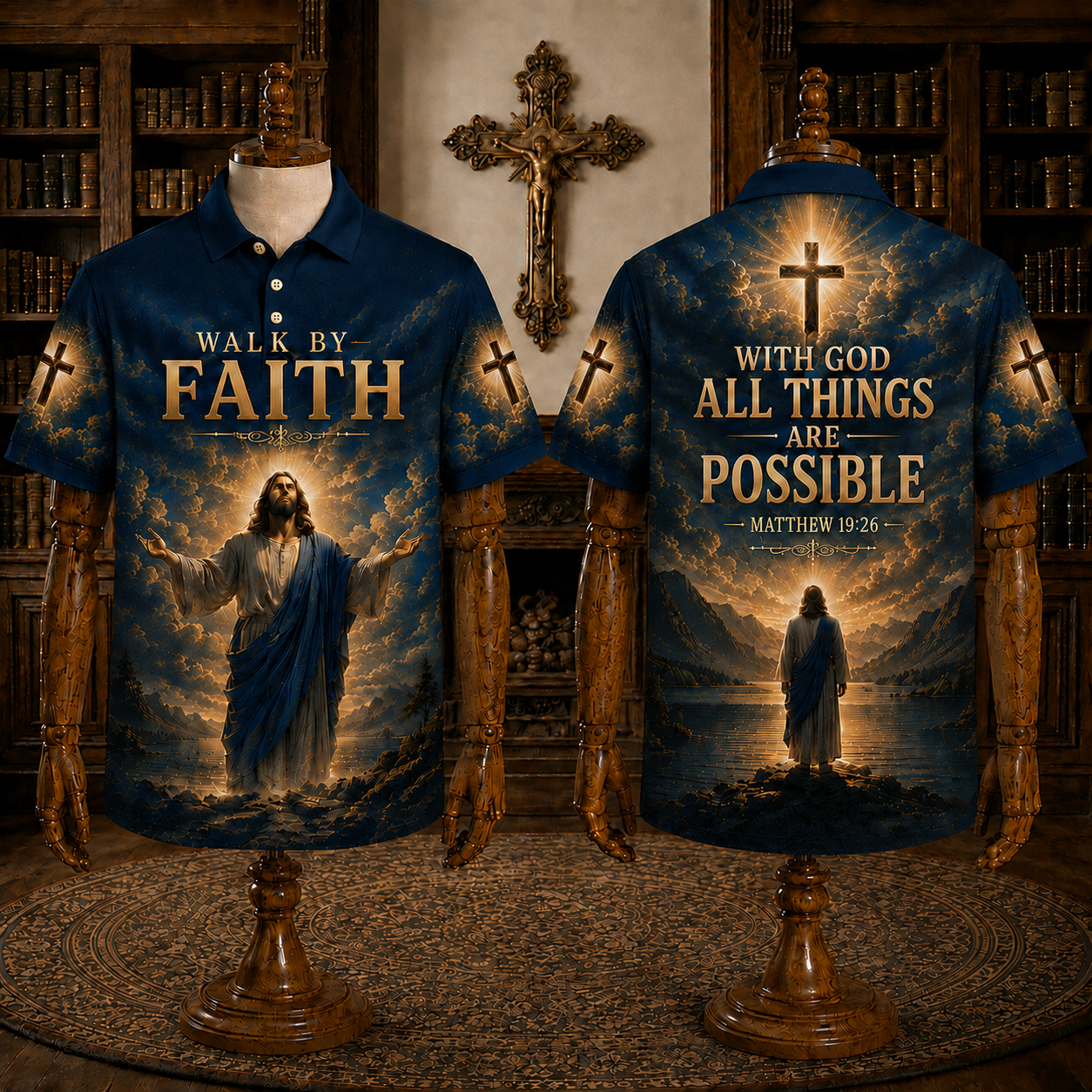 Navy Walk By Faith Christian Jesus Polo Shirt – Matthew 19:26 Religious Polo