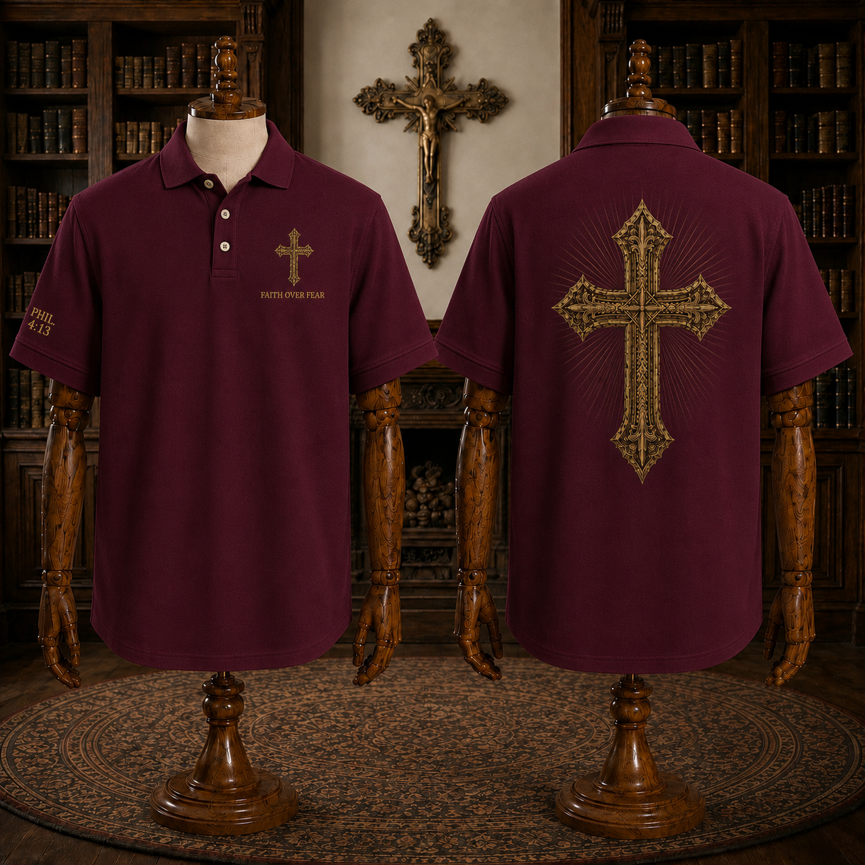 Red Faith Over Fear Christian Cross Polo Shirt – Philippians 4:13 Religious Polo