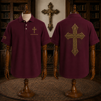 Black Faith Over Fear Christian Cross Polo Shirt – Philippians 4:13 Religious Polo
