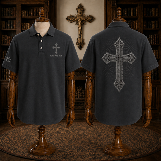 Grey Faith Over Fear Christian Cross Polo Shirt – Philippians 4:13 Religious Polo