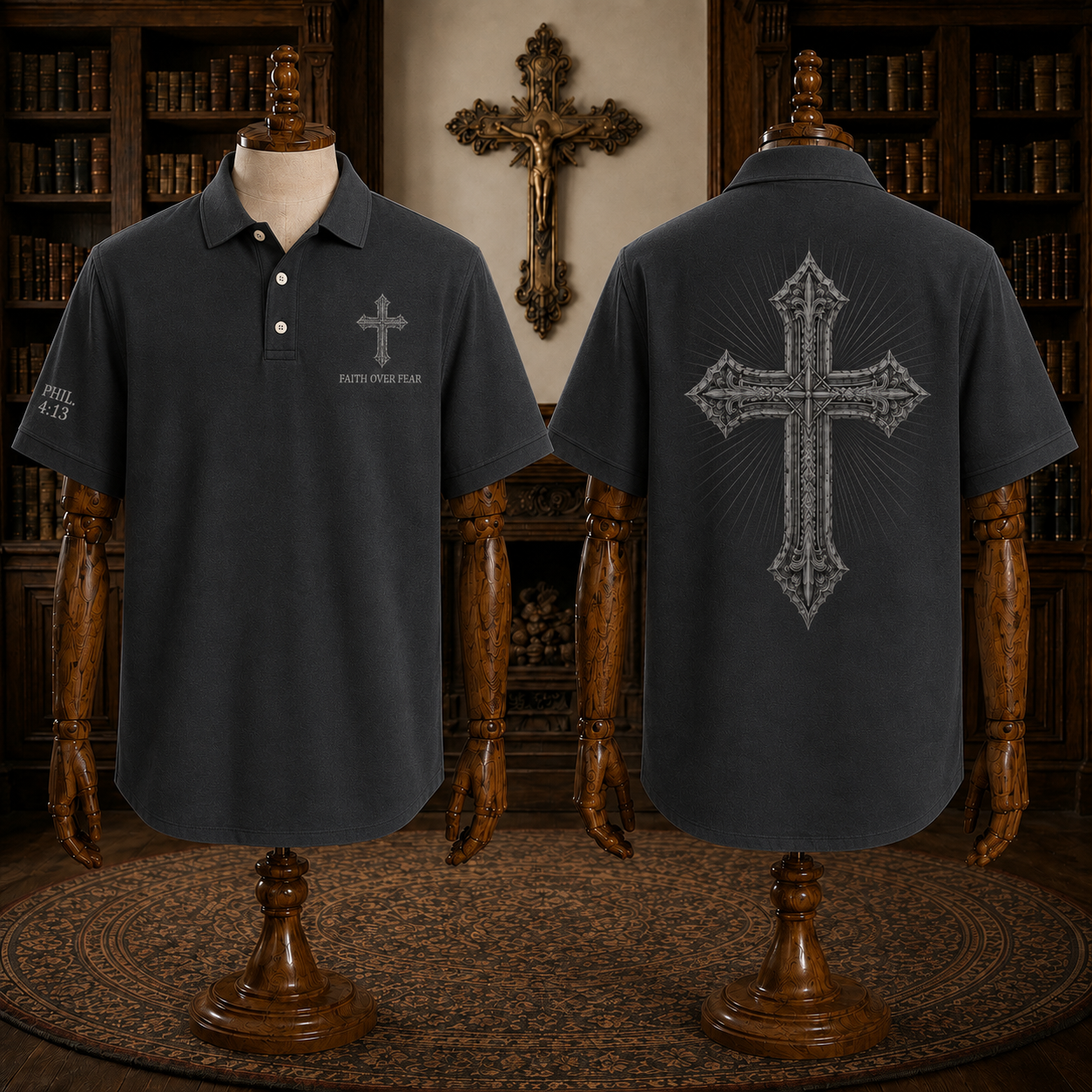 Red Faith Over Fear Christian Cross Polo Shirt – Philippians 4:13 Religious Polo