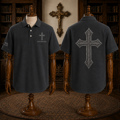 Red Faith Over Fear Christian Cross Polo Shirt – Philippians 4:13 Religious Polo