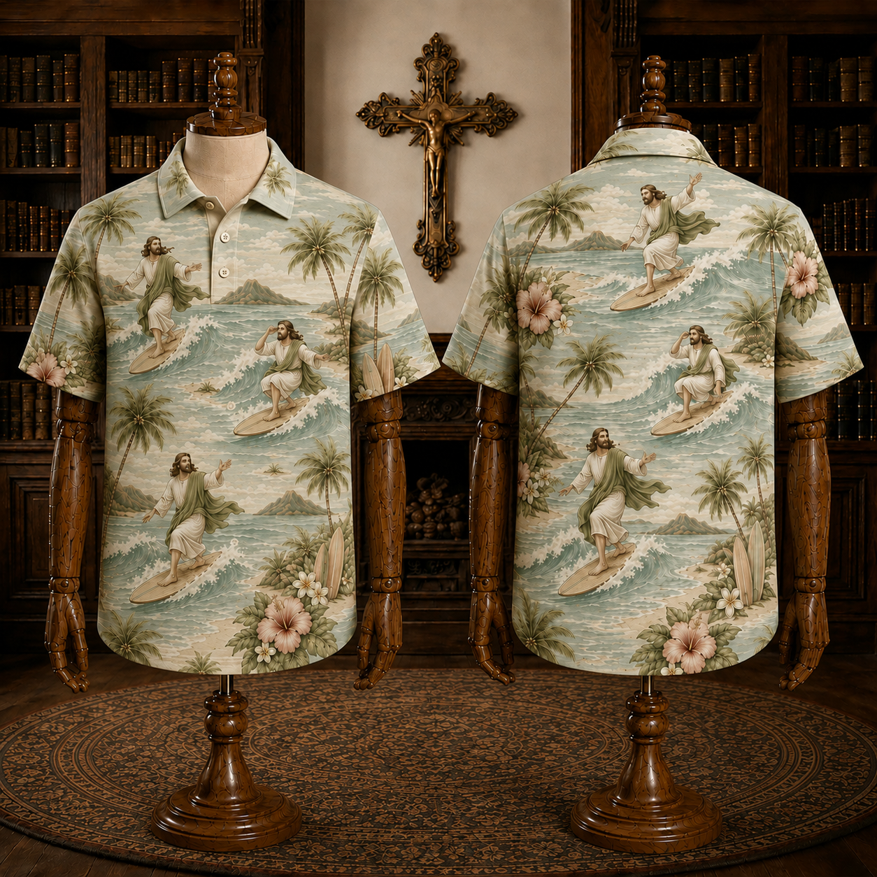 Soft Sage Jesus Surfing Polo Shirt – Christian Tropical Beach Shirt