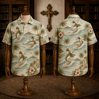 Soft Sage Jesus Surfing Polo Shirt – Christian Tropical Beach Shirt