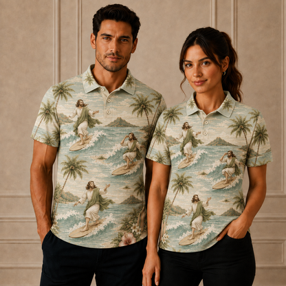 Soft Sage Jesus Surfing Polo Shirt – Christian Tropical Beach Shirt