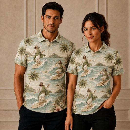 Soft Sage Jesus Surfing Polo Shirt – Christian Tropical Beach Shirt
