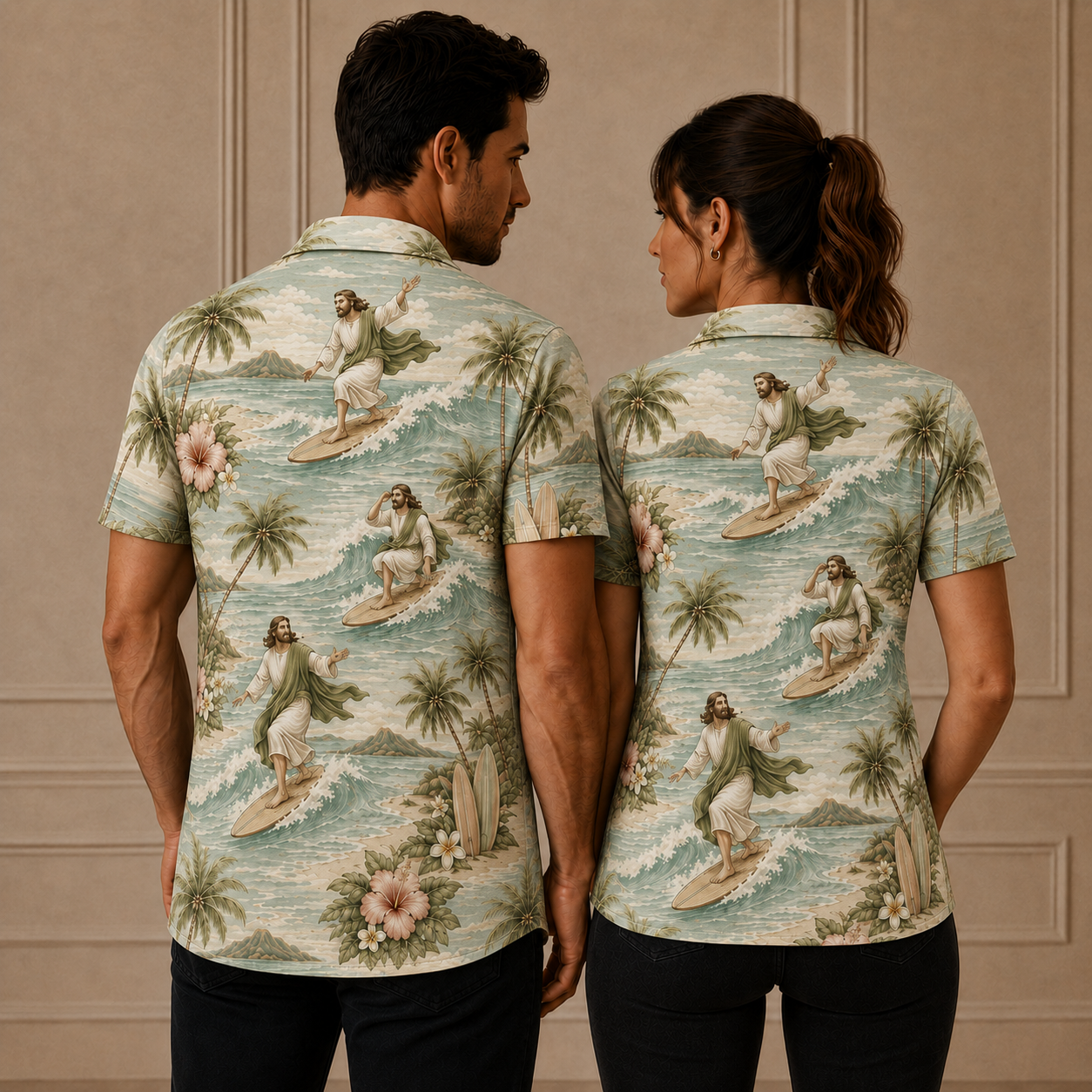 Soft Sage Jesus Surfing Polo Shirt – Christian Tropical Beach Shirt