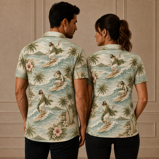 Soft Sage Jesus Surfing Polo Shirt – Christian Tropical Beach Shirt