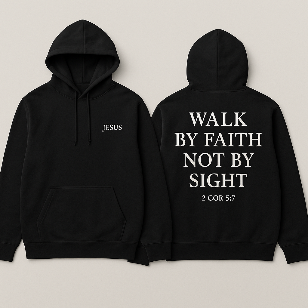 Black Christian Hoodie with Bible Verse on Back - Walk By Faith