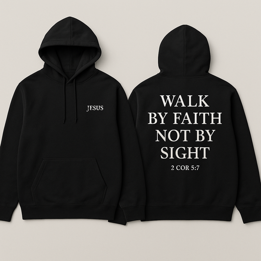 Black Christian Hoodie with Bible Verse on Back - Walk By Faith