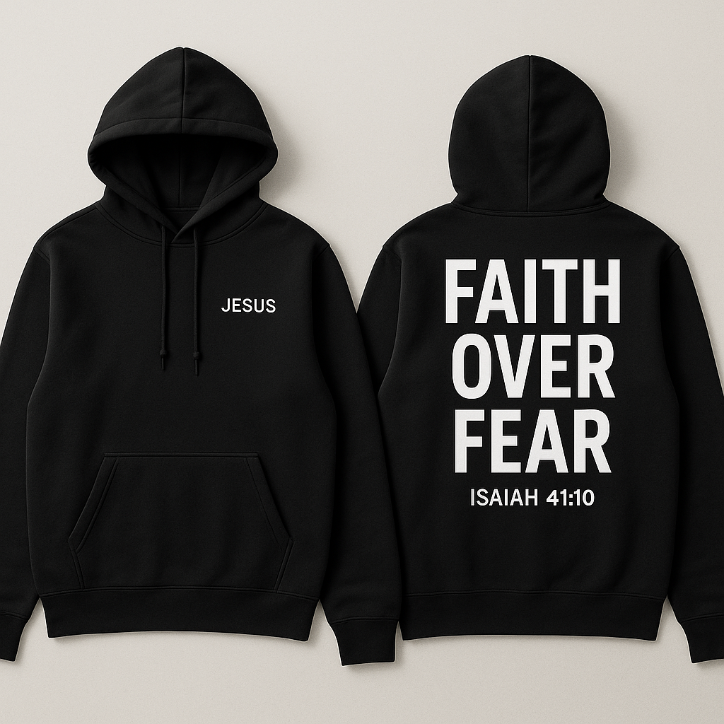 Black Christian Hoodie with Bible Verse on Back - Faith Over Fear