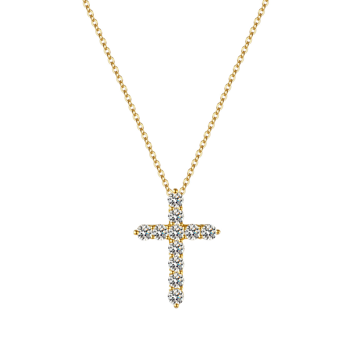 Gold moissanite cross necklace on white background