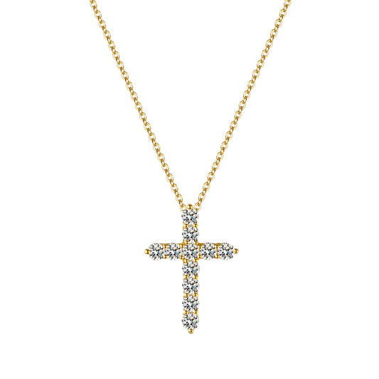 Gold moissanite cross necklace on white background