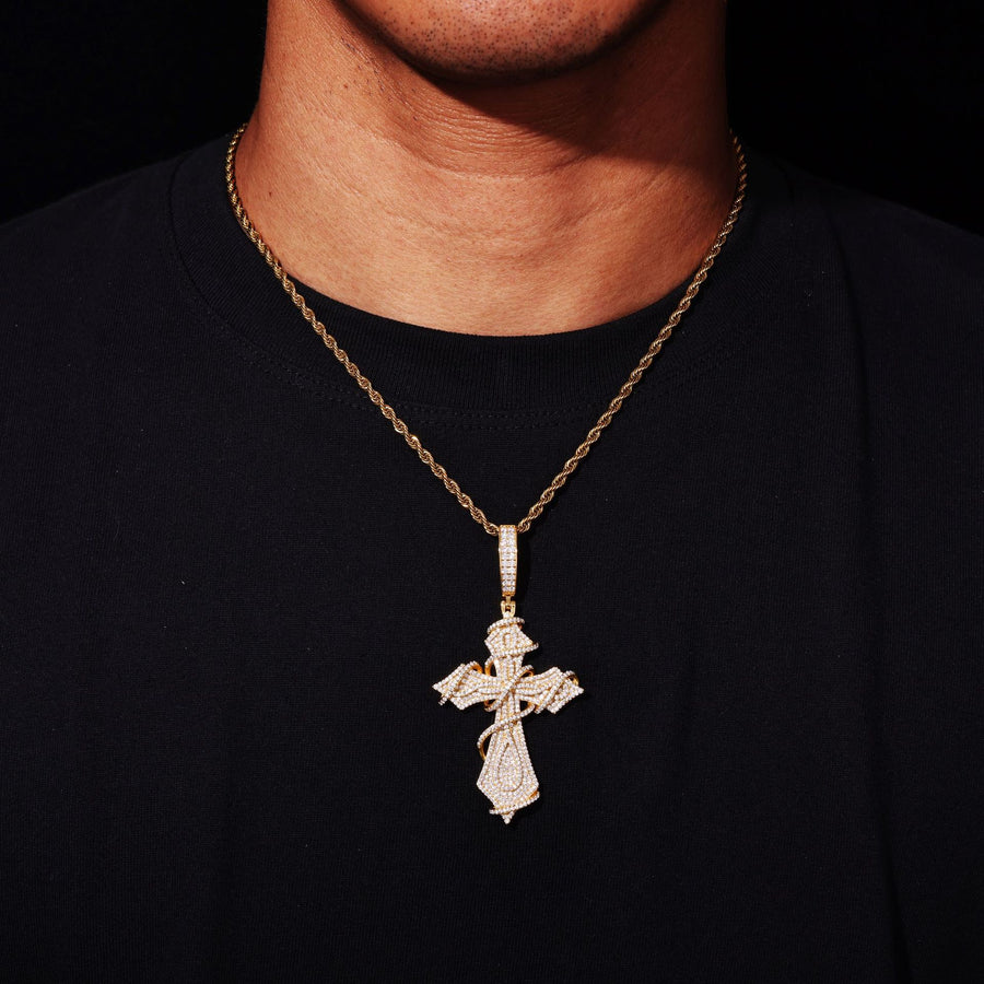 Moissanite cross necklace on a velvet box