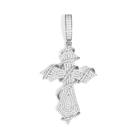 Iced moissanite cross pendant on white background