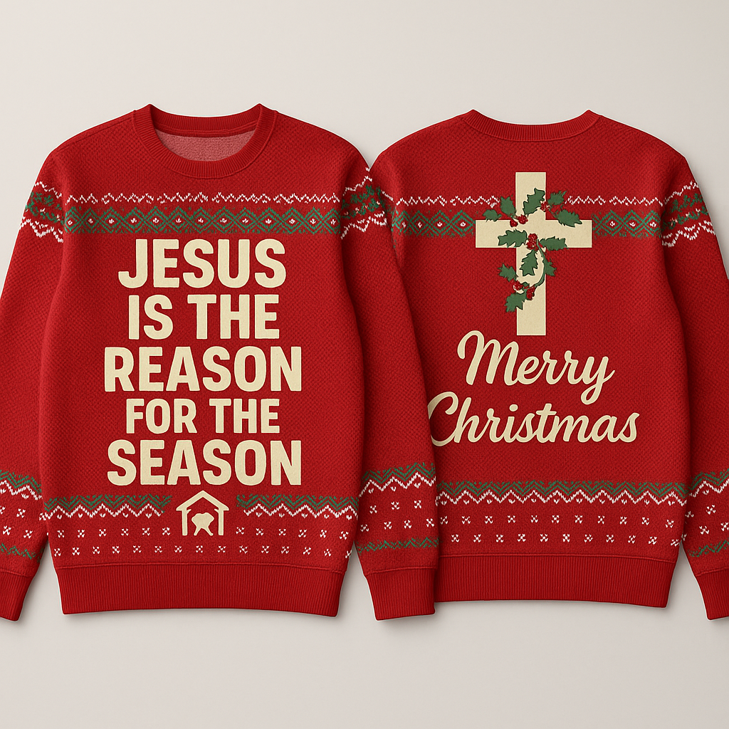 Jesus Is the Reason for the Season Christmas Sweatshirt - Classic Red Knit