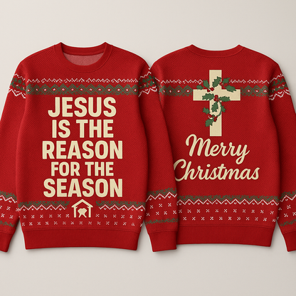 Jesus Is the Reason for the Season Christmas Sweatshirt - Classic Red Knit