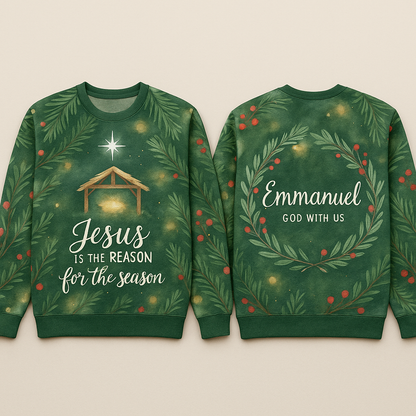 Jesus Is the Reason for the Season Christmas Sweatshirt - Evergreen Watercolor