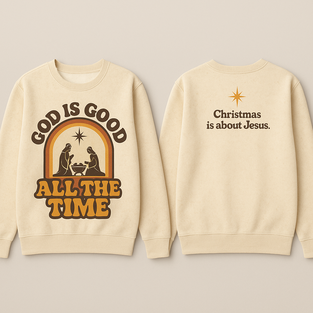 God Is Good All The Time Christmas Sweatshirt for Women - Retro Cream