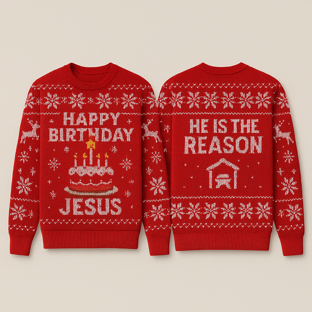 Happy Birthday Jesus Ugly Christmas Sweater - Birthday Cake Red