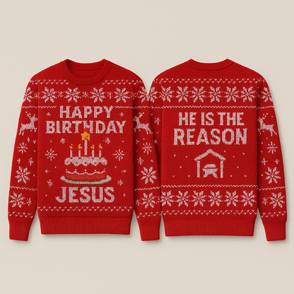 Happy Birthday Jesus Ugly Christmas Sweater - Birthday Cake Red