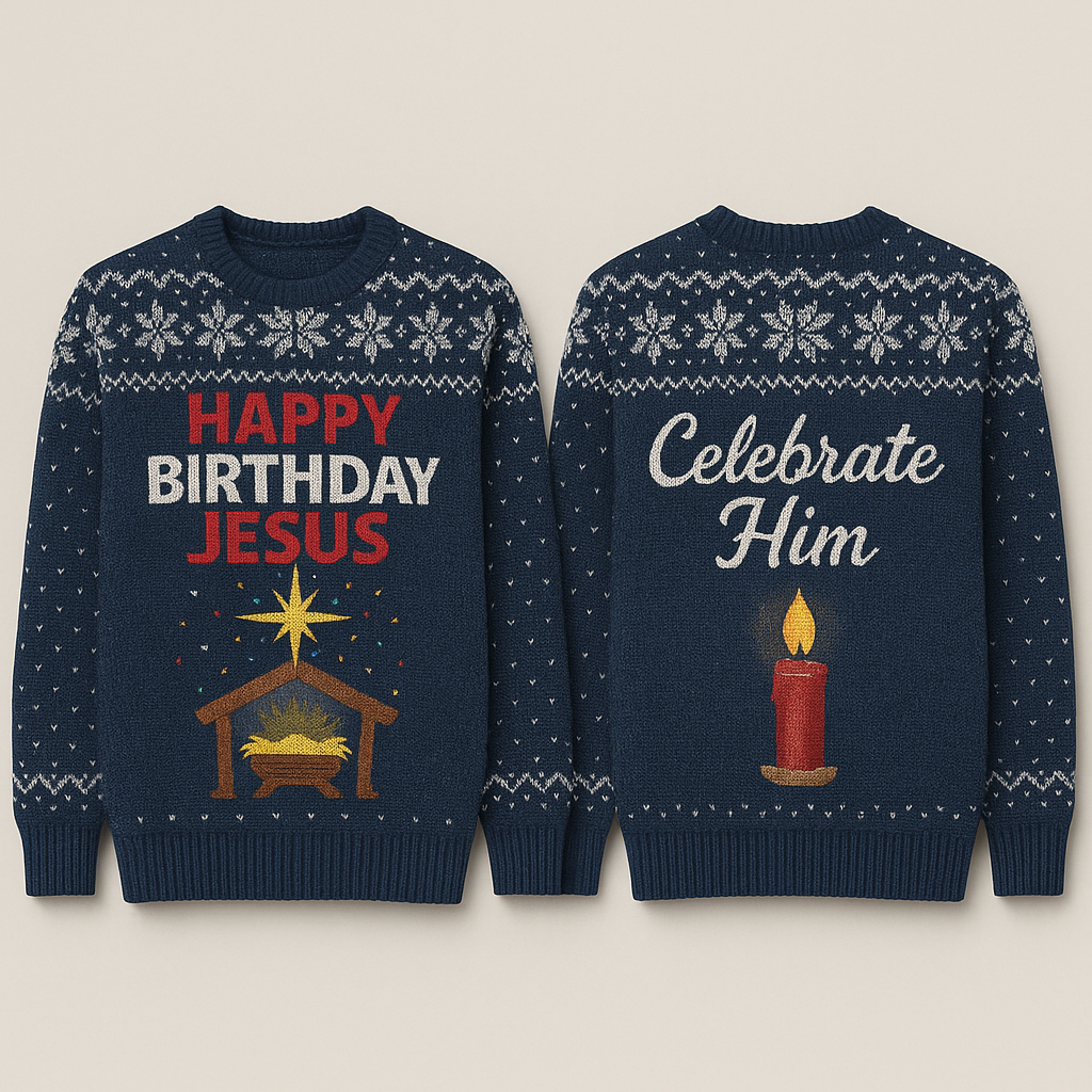 Happy Birthday Jesus Ugly Christmas Sweater - Navy Snow