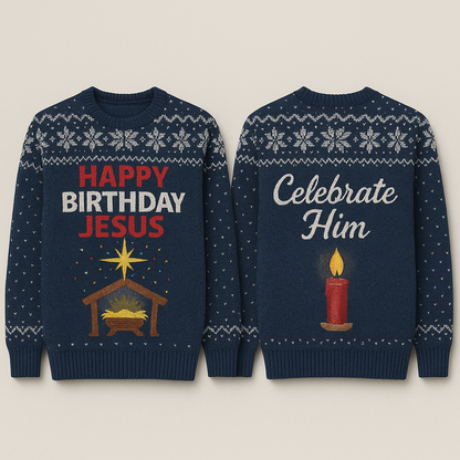 Happy Birthday Jesus Ugly Christmas Sweater - Navy Snow