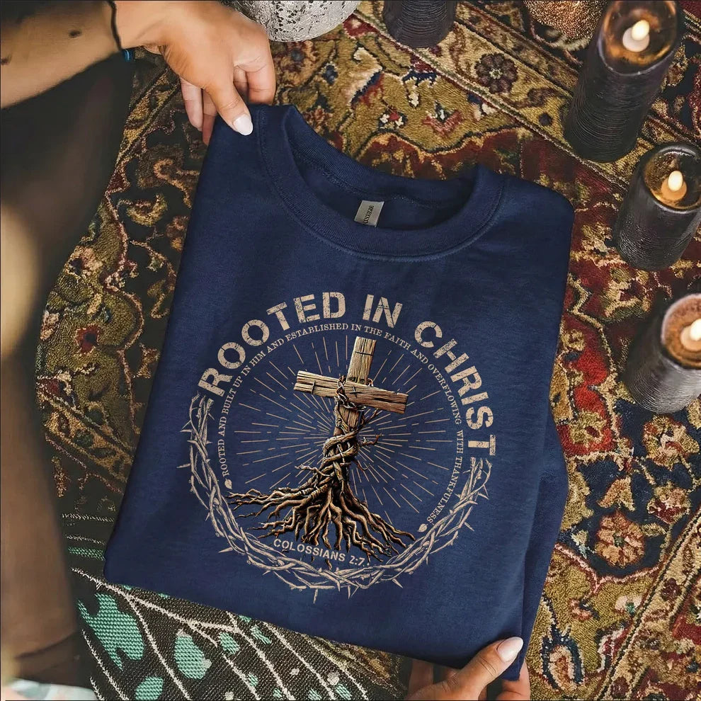 Rooted In Christ Wooden Cross With Growing Roots Design - Minimalist Faith - Unisex Tshirt / Hoodie / Sweatshirt