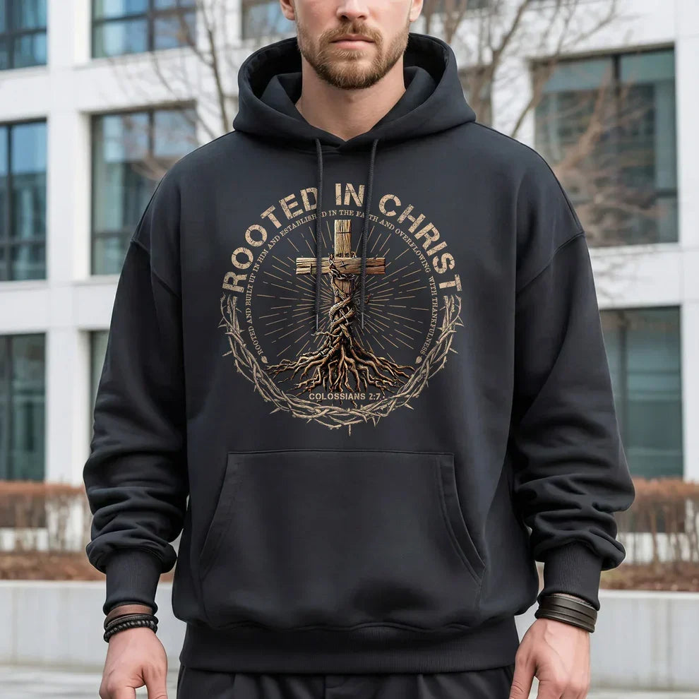 Rooted In Christ Wooden Cross With Growing Roots Design - Minimalist Faith - Unisex Tshirt / Hoodie / Sweatshirt