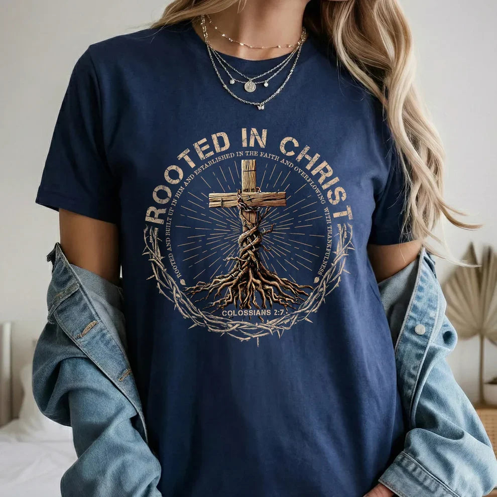 Rooted In Christ Wooden Cross With Growing Roots Design - Minimalist Faith - Unisex Tshirt / Hoodie / Sweatshirt