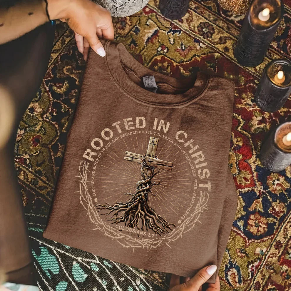 Rooted In Christ Wooden Cross With Growing Roots Design - Minimalist Faith - Unisex Tshirt / Hoodie / Sweatshirt