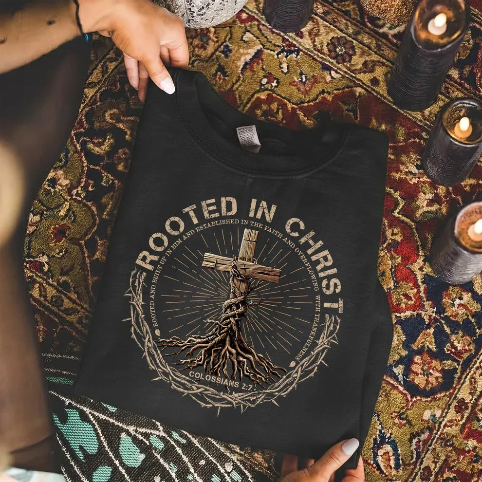 Rooted In Christ Wooden Cross With Growing Roots Design - Minimalist Faith - Unisex Tshirt / Hoodie / Sweatshirt