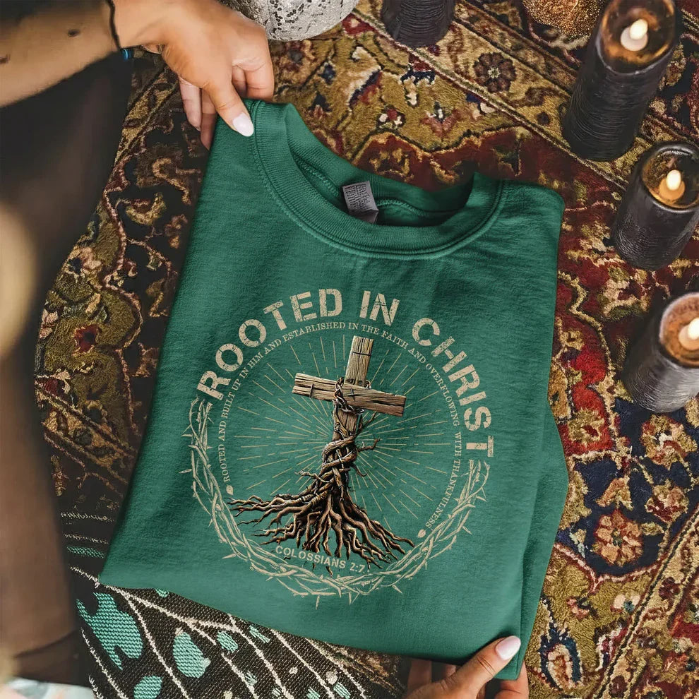 Rooted In Christ Wooden Cross With Growing Roots Design - Minimalist Faith - Unisex Tshirt / Hoodie / Sweatshirt