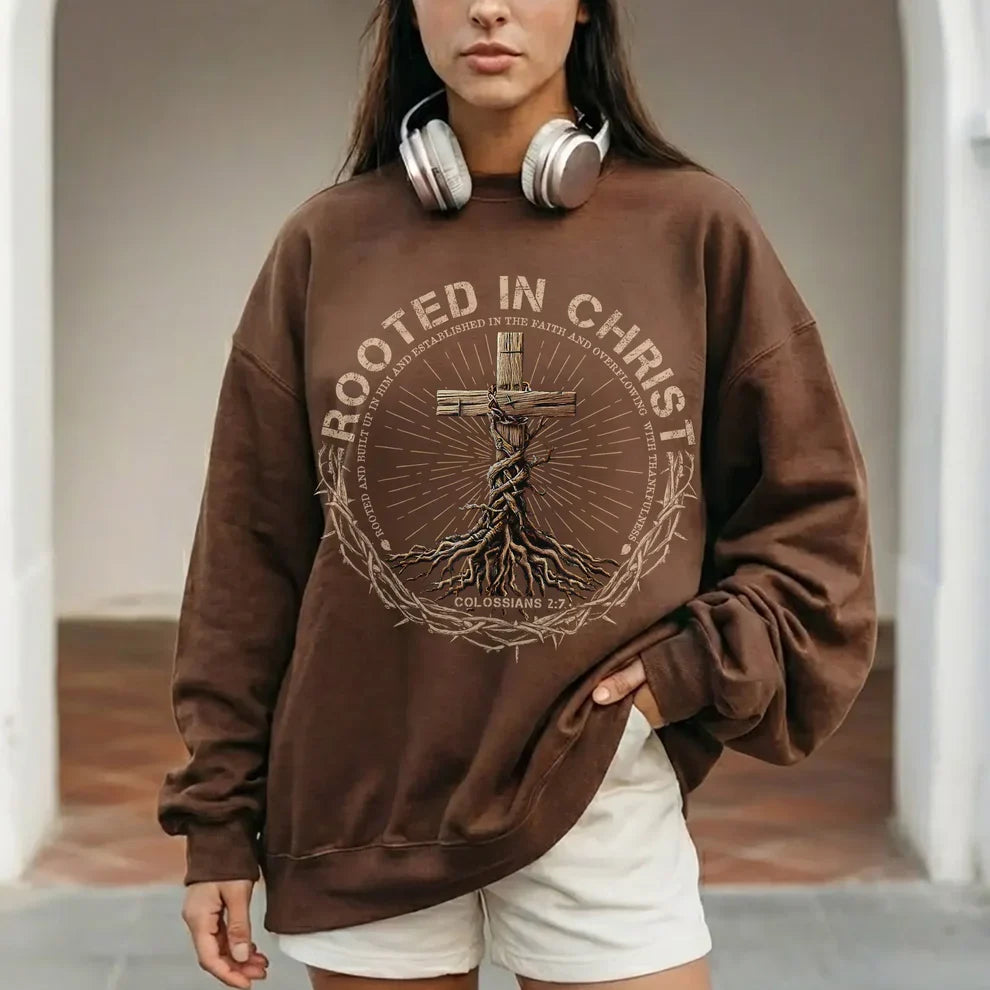 Rooted In Christ Wooden Cross With Growing Roots Design - Minimalist Faith - Unisex Tshirt / Hoodie / Sweatshirt