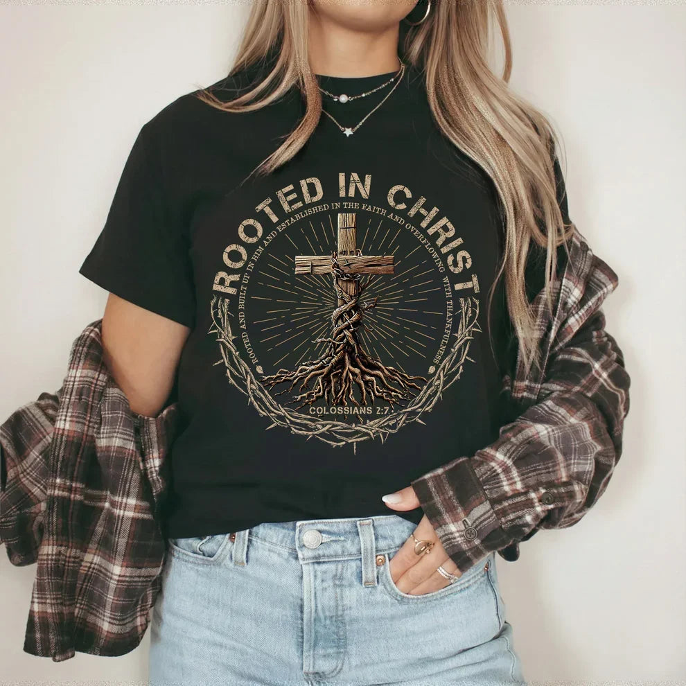 Rooted In Christ Wooden Cross With Growing Roots Design - Minimalist Faith - Unisex Tshirt / Hoodie / Sweatshirt