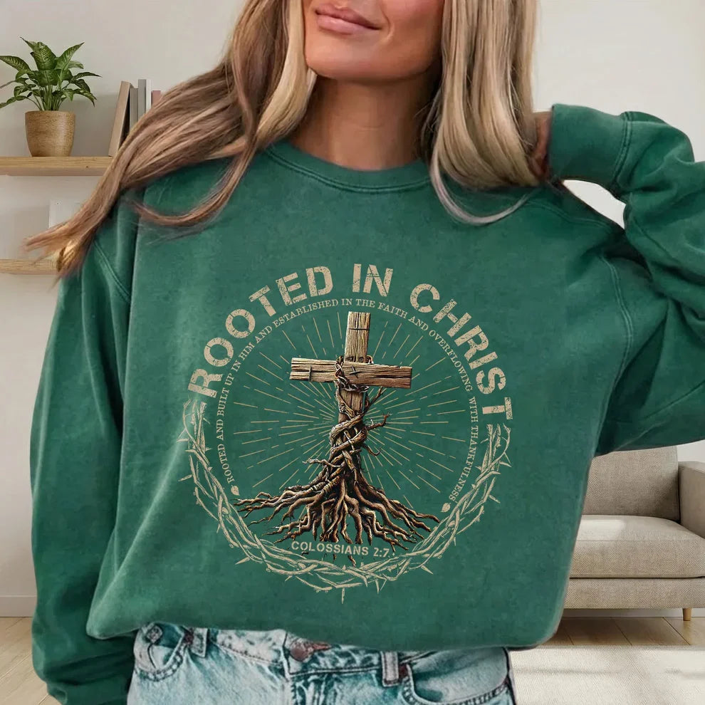Rooted In Christ Wooden Cross With Growing Roots Design - Minimalist Faith - Unisex Tshirt / Hoodie / Sweatshirt
